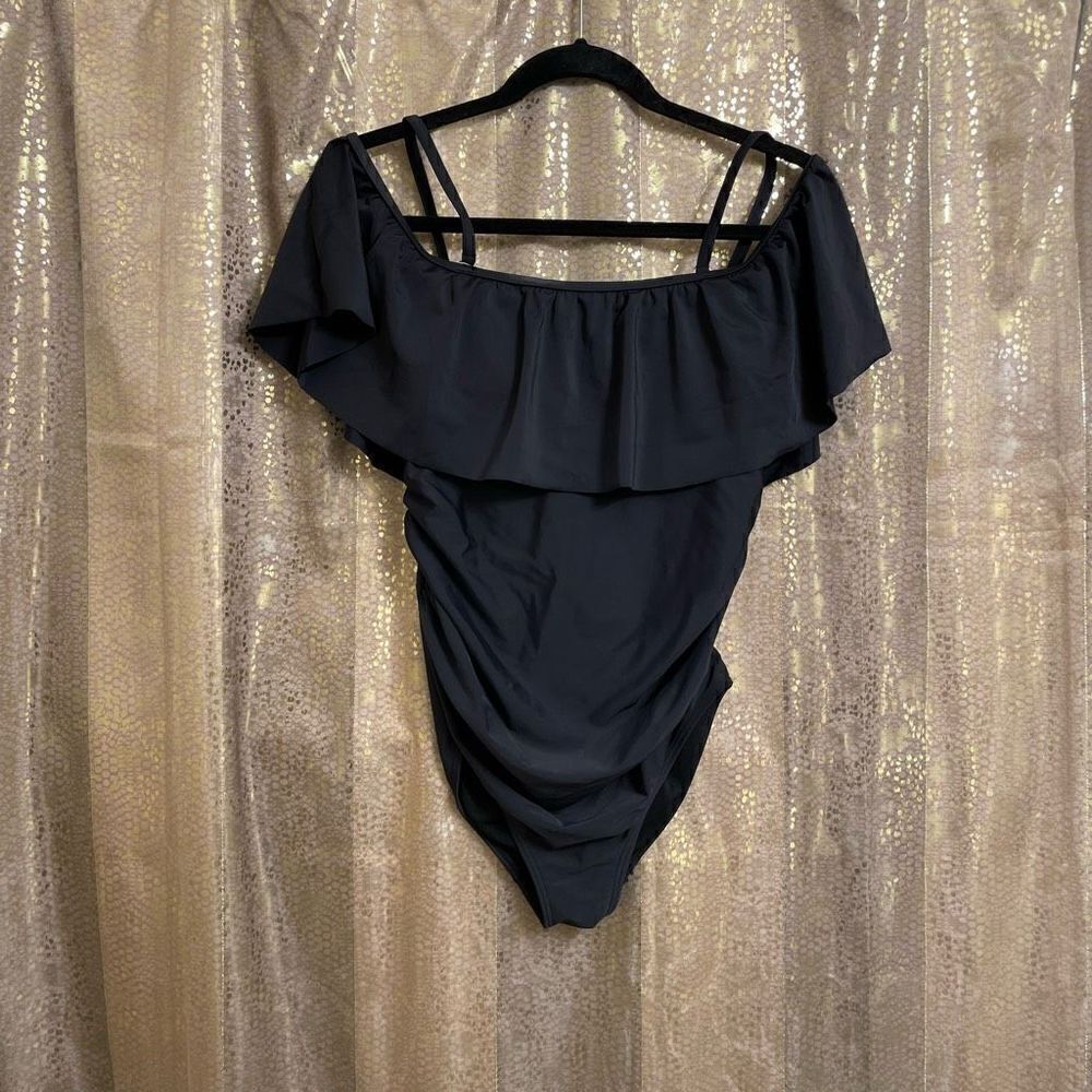 Pinkblush maternity black ruffle one-piece swimsuit, S
